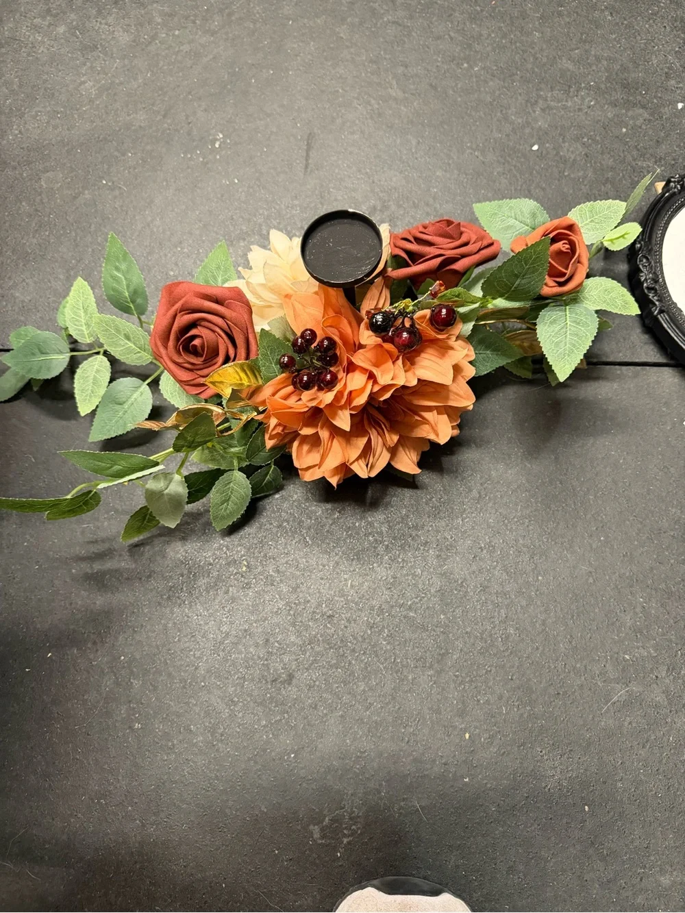 Artificial Floral Hoop Centerpiece with Orange and Green Accents